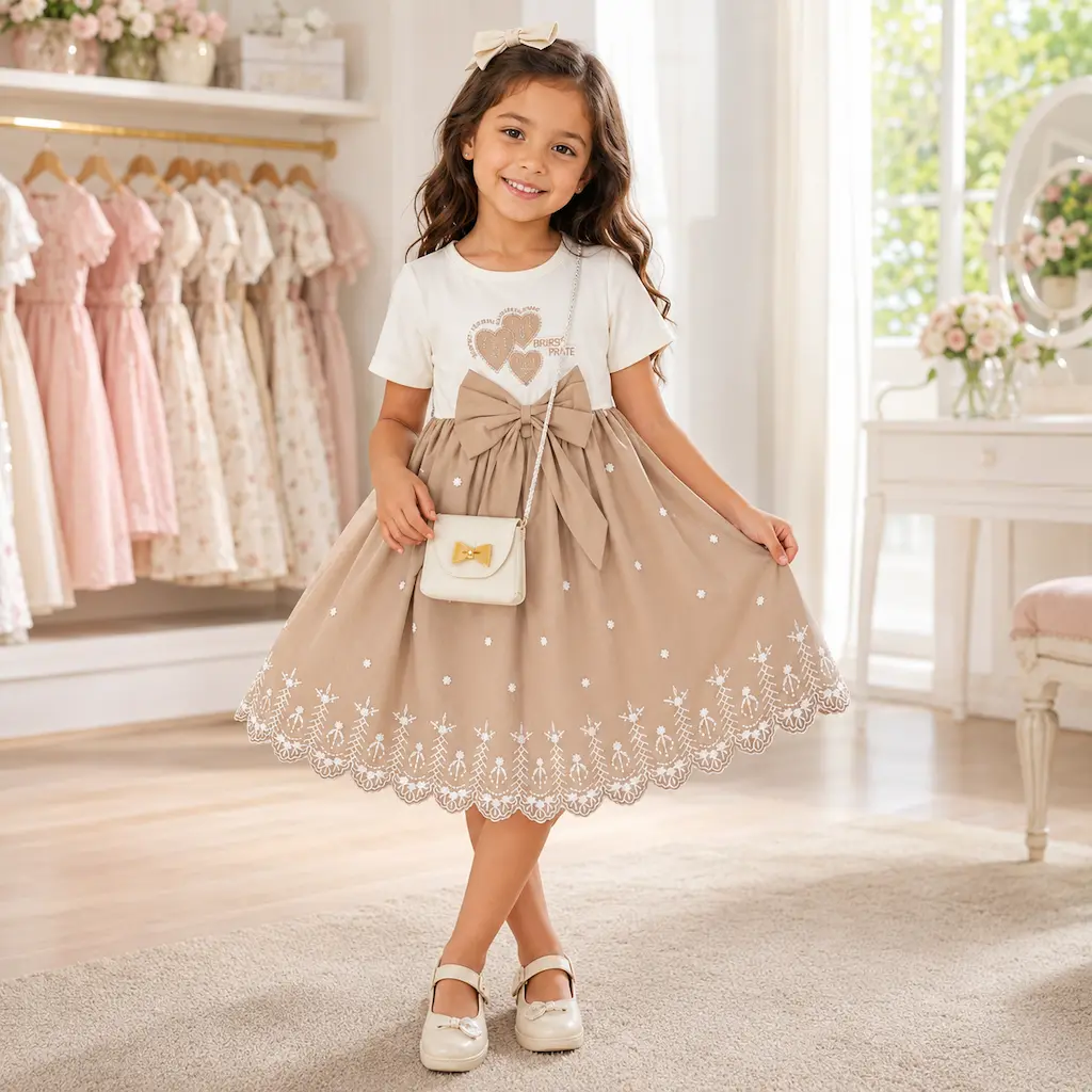 Niña colombiana con vestido infantil beige elegante con lazo y bordado