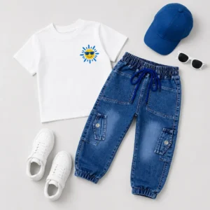 Pantalones cargo de mezclilla azul para niño combinados con camiseta y zapatillas blancas