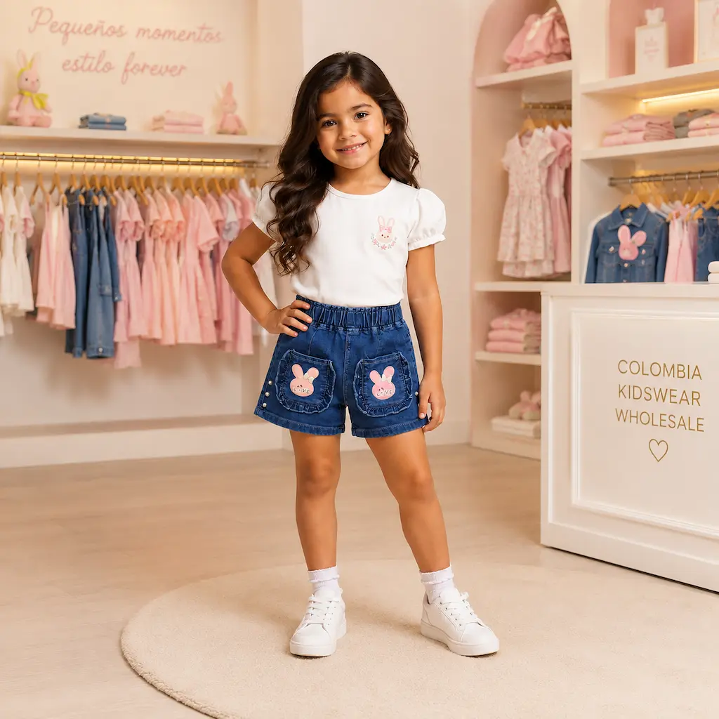 Short de mezclilla para niña exhibido en tienda de ropa infantil, colección mayorista para negocios en Colombia