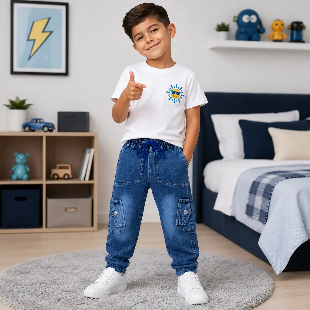 Niño colombiano usando pantalones cargo de mezclilla azul con camiseta blanca y estilo casual
