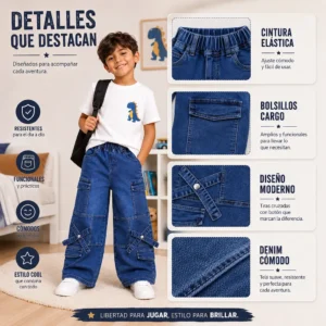Detalles del pantalón cargo infantil con bolsillos laterales, tiras decorativas y tela denim resistente