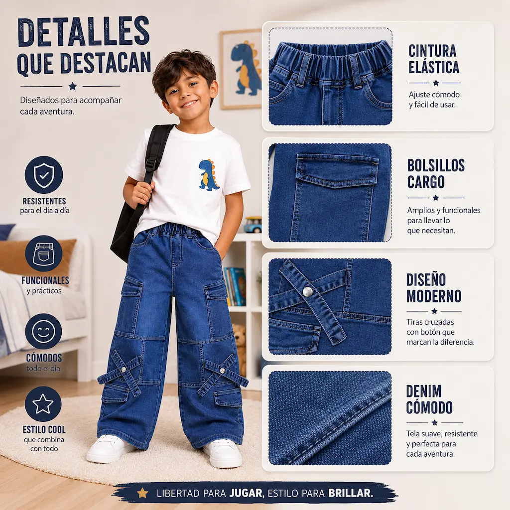 Detalles del pantalón cargo infantil con bolsillos laterales, tiras decorativas y tela denim resistente