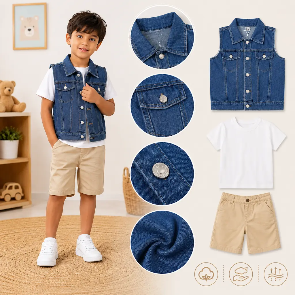 Detalle de conjunto infantil para niño con chaleco de mezclilla azul y diseño divertido en la espalda, estilo casual y cómodo.
