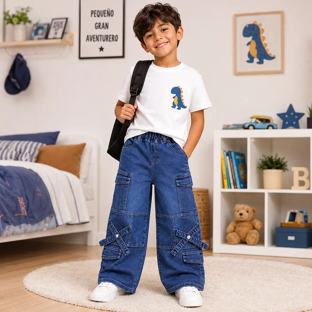 Niño colombiano usando pantalón cargo de mezclilla azul con camiseta blanca