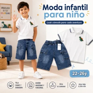 Detalles de shorts de mezclilla para niño con bolsillos laterales y diseño cómodo