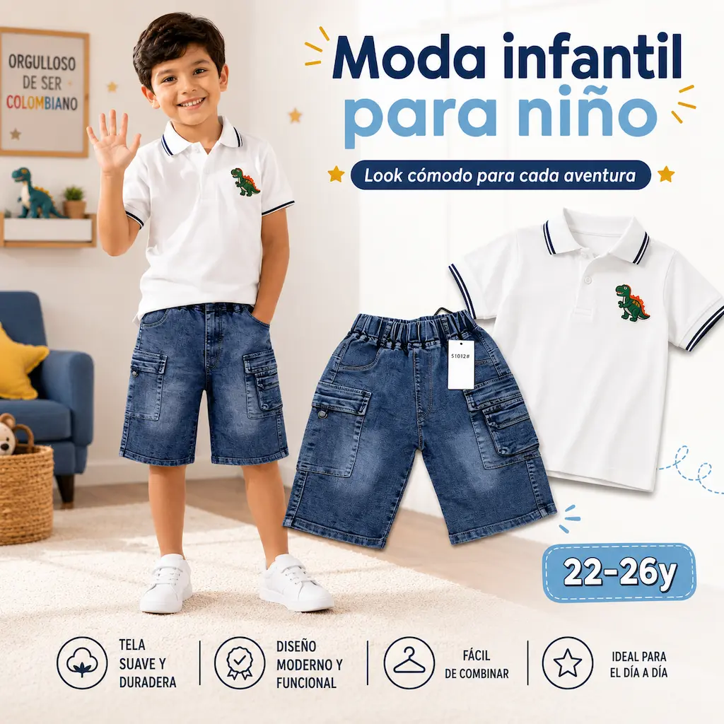 Detalles de shorts de mezclilla para niño con bolsillos laterales y diseño cómodo
