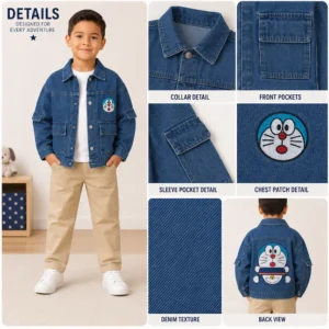Detalles de chaqueta vaquera infantil para niño con textura denim, bolsillos funcionales y diseño posterior decorativo.