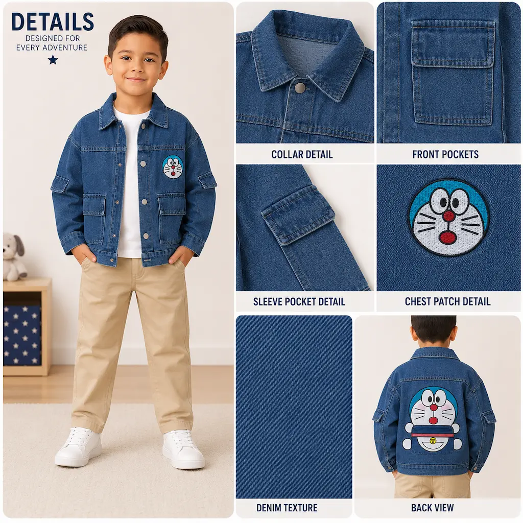 Detalles de chaqueta vaquera infantil para niño con textura denim, bolsillos funcionales y diseño posterior decorativo.