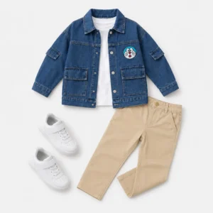 Conjunto de ropa infantil para niño con chaqueta denim azul, camiseta blanca y pantalón largo beige, ideal para mayoristas de Colombia.
