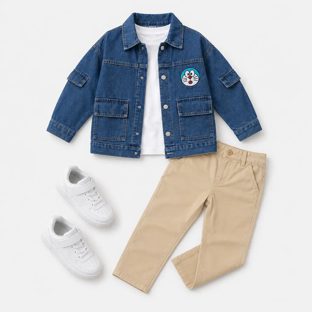 Conjunto de ropa infantil para niño con chaqueta denim azul, camiseta blanca y pantalón largo beige, ideal para mayoristas de Colombia.