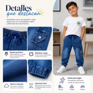 Detalles de calidad de pantalones vaqueros infantiles con costuras resistentes y diseño moderno