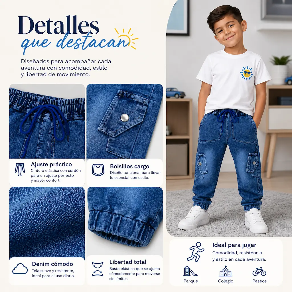 Detalles de calidad de pantalones vaqueros infantiles con costuras resistentes y diseño moderno