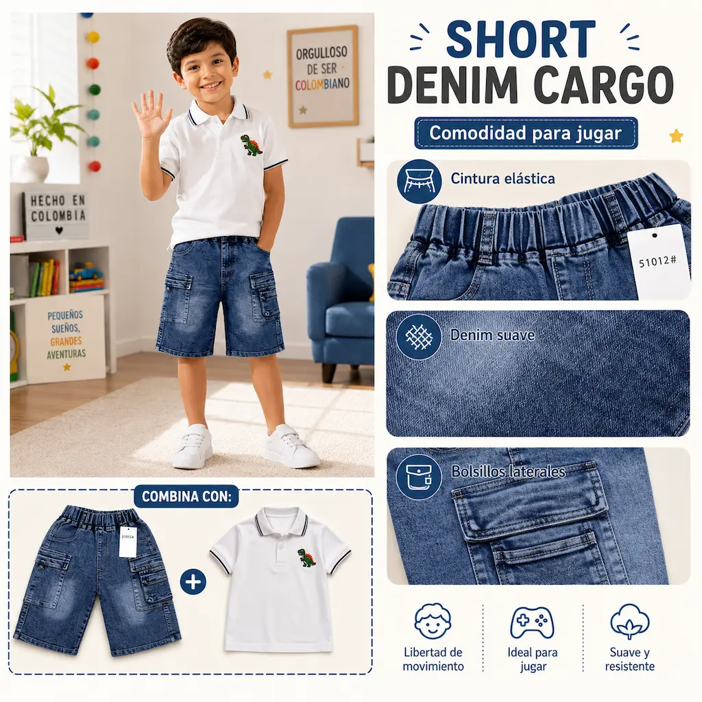 Detalles de calidad de shorts infantiles de mezclilla con tela resistente y bolsillos funcionales