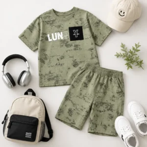 Conjunto infantil verde de dos piezas para niño en presentación flat lay, ropa infantil cómoda y moderna al por mayor en Colombia.