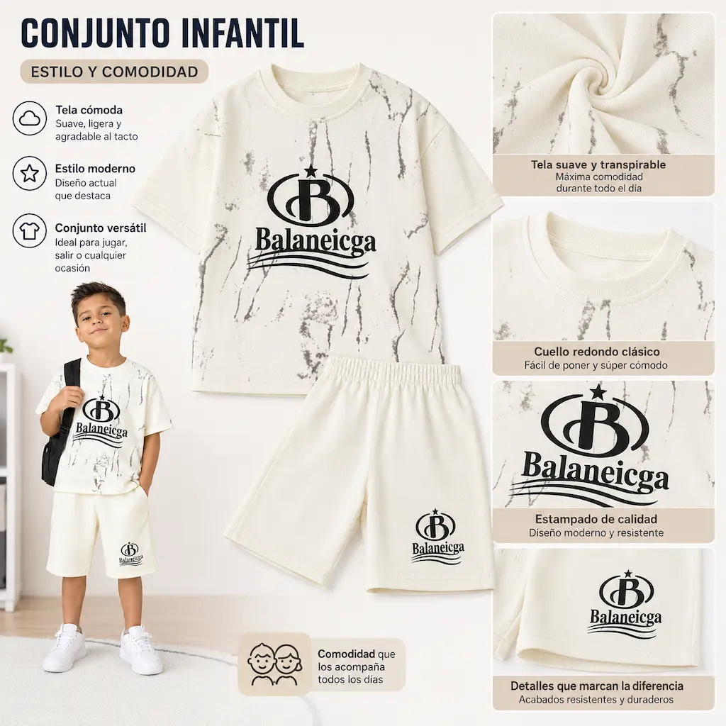 Detalles del conjunto infantil para niño con tela suave y diseño moderno