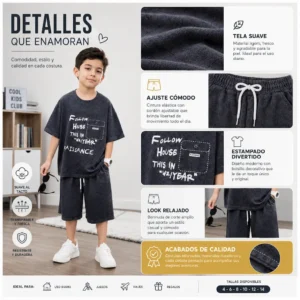 Imagen de detalle de conjunto infantil para niño, con estilo cómodo y moderno, ideal para moda infantil al por mayor en Colombia.