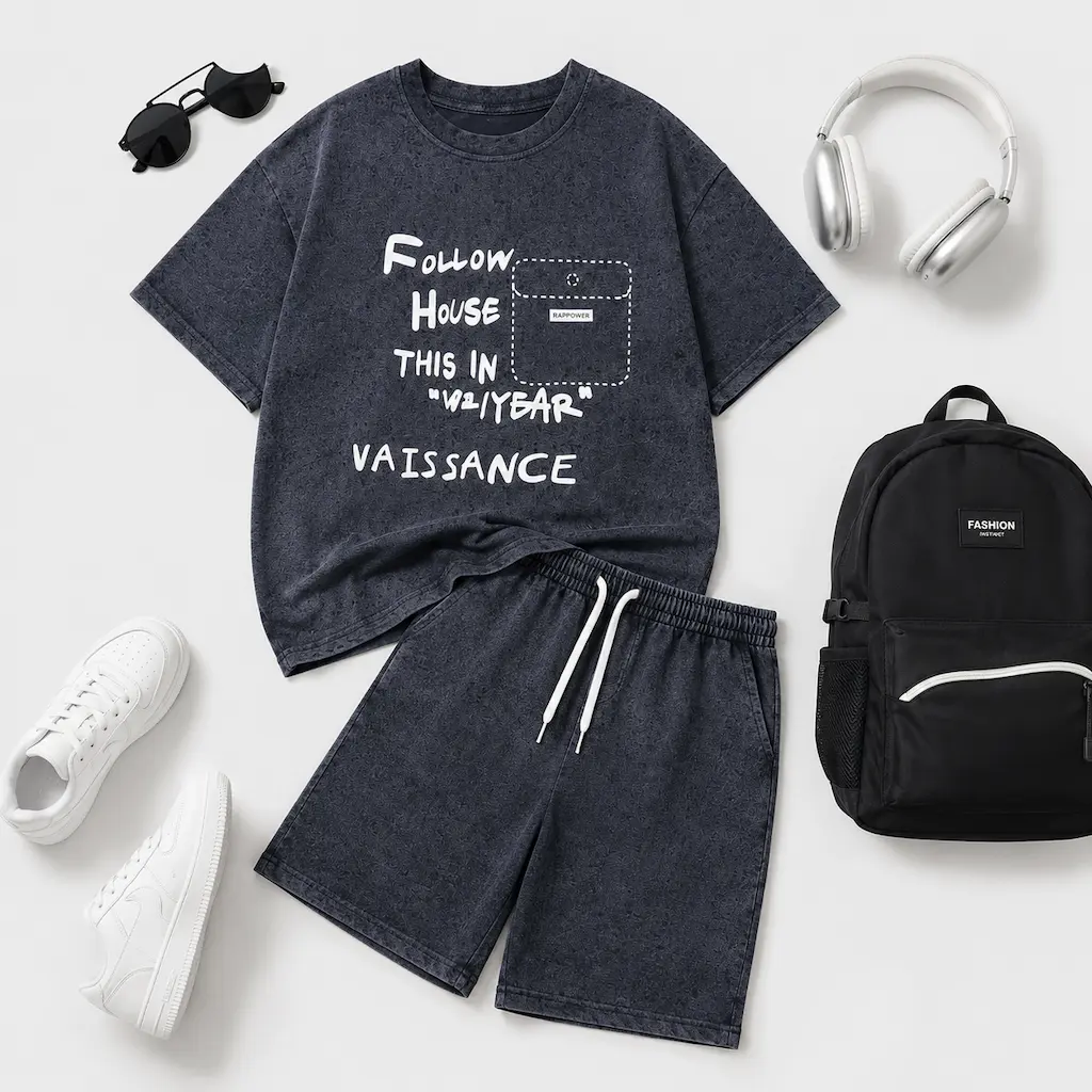 Conjunto infantil para niño con camiseta y shorts en presentación flat lay, ideal para venta mayorista de moda infantil en Colombia.
