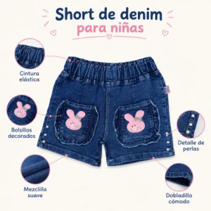 Características del short de mezclilla para niñas, ropa infantil al por mayor Colombia con tela cómoda y diseño bonito