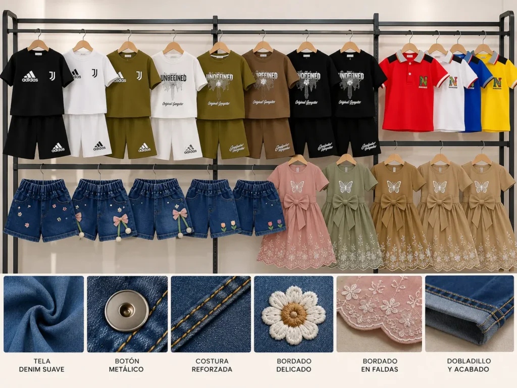 Control de calidad de costuras, botones y acabados en ropa infantil