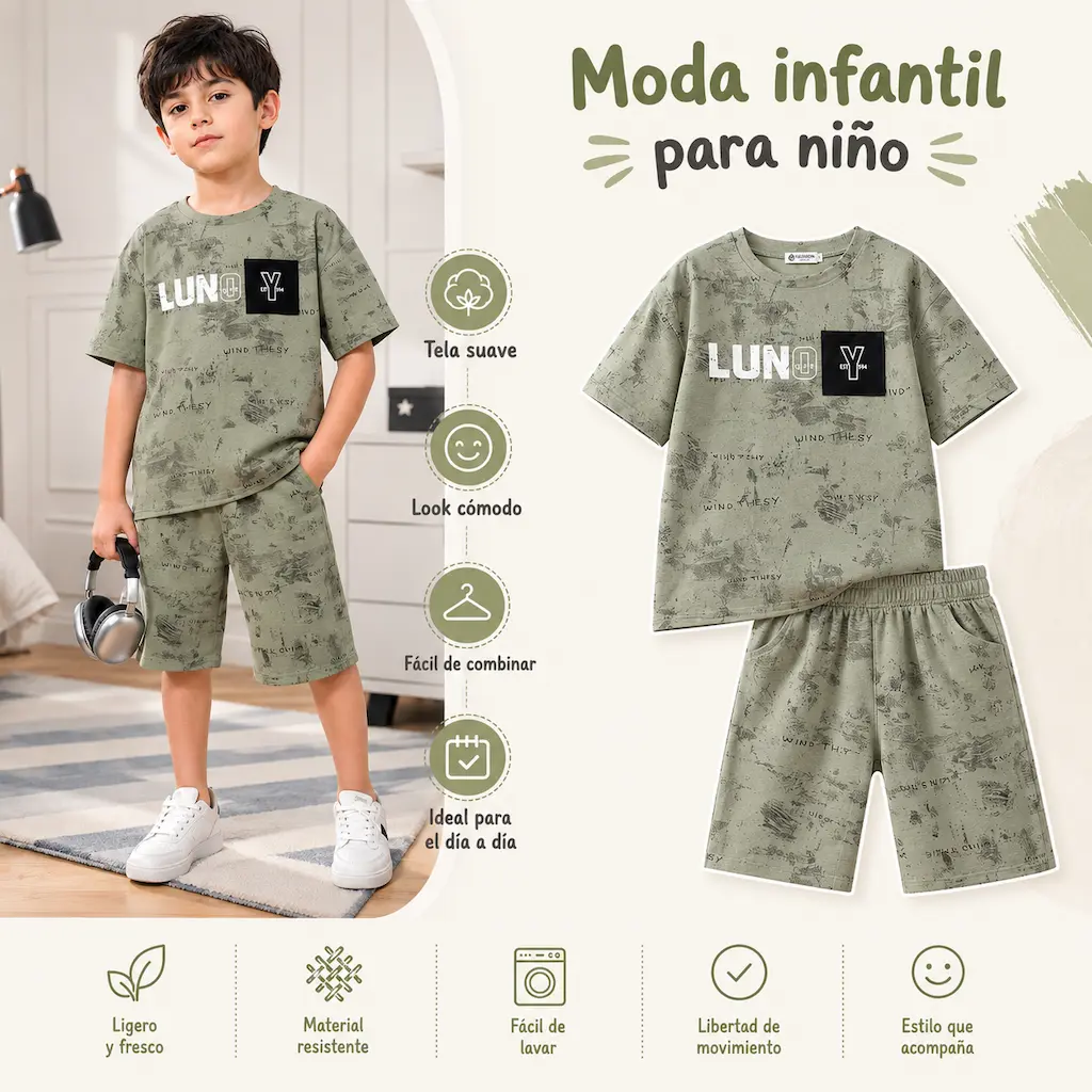 Banner de moda infantil para niño con conjunto verde, ropa infantil mayorista para Colombia, estilo moderno y fresco.