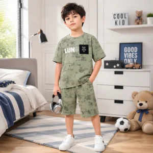 Niño modelo extranjero con conjunto verde casual, moda infantil al por mayor en Colombia, look moderno y cómodo.