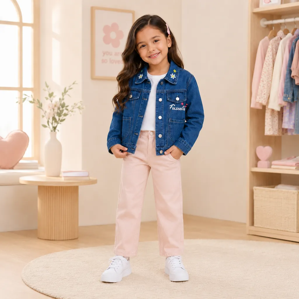 Indoor fashion photo of a cute little girl wearing a blue denim jacket outfit, Colombia children's clothing wholesale