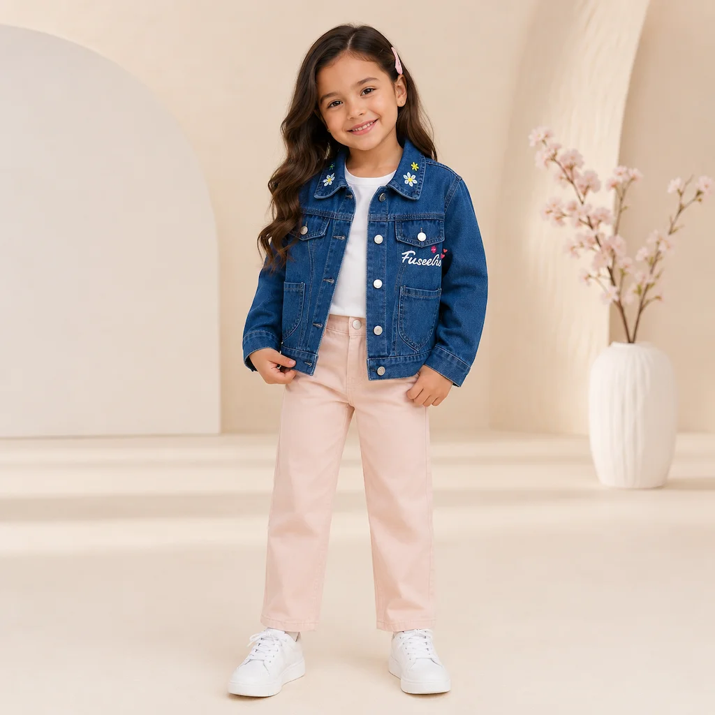 Colombia girls denim jacket outfit wholesale, cute little girl model wearing blue denim jacket with matching inner top and pants
