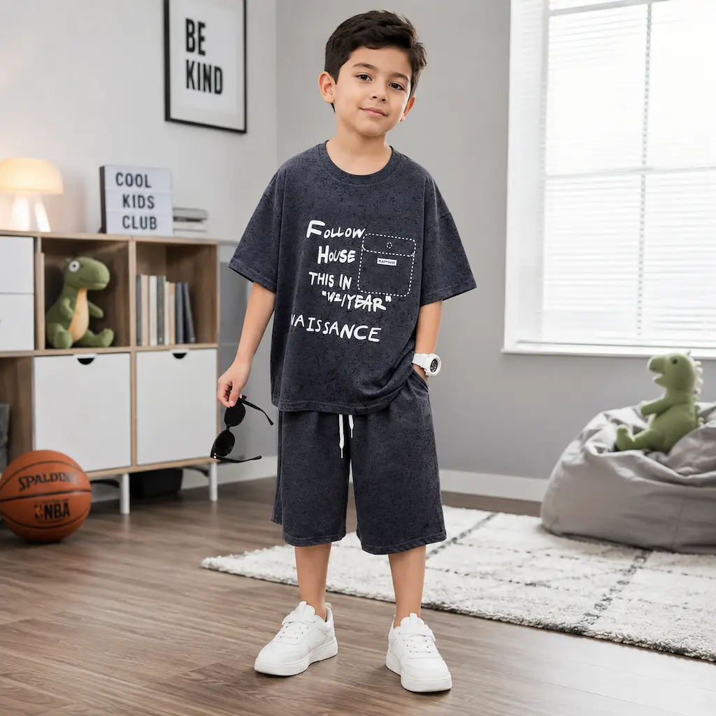 Conjunto infantil de verano para niño con camiseta y pantalón corto, modelado por un niño extranjero en estilo casual para venta al por mayor en Colombia.