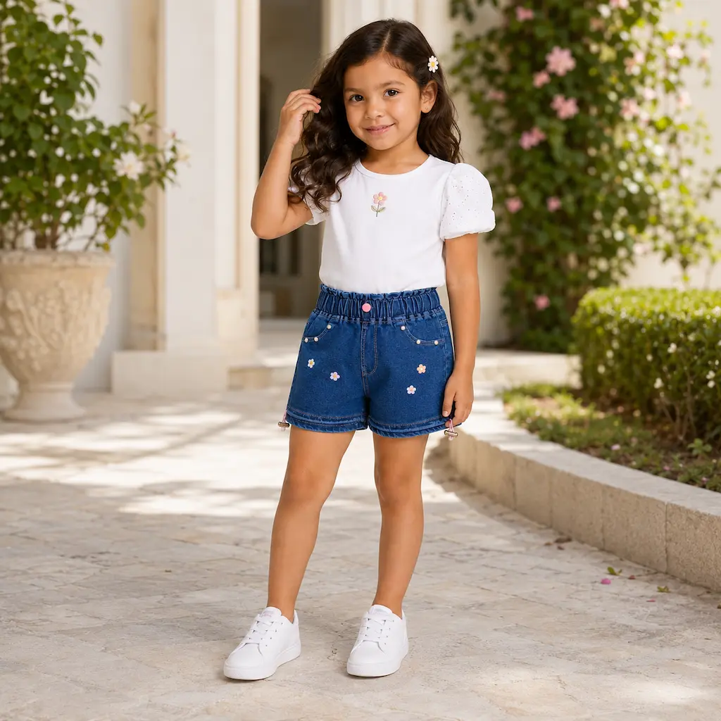 Niña colombiana usando shorts de mezclilla azul con camiseta blanca, conjunto infantil de verano