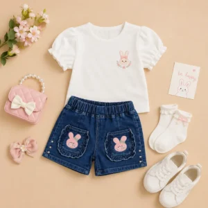 Conjunto infantil para niñas con short de mezclilla azul y camiseta blanca, proveedor de ropa infantil mayorista Colombia