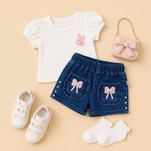 Conjunto de ropa para niña con short de jean azul y camiseta blanca, diseño moderno para tiendas infantiles y venta mayorista en Colombia.