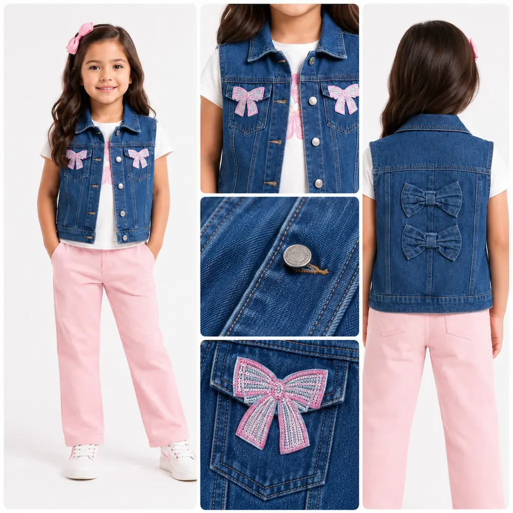 Detalles del chaleco denim infantil con lazos decorativos, botones y acabado de calidad