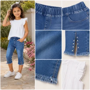 Detalle de jean capri para niña con perlas laterales, abertura en la bota y denim azul