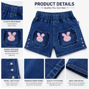 Detalles de short denim para niñas con cintura elástica, bolsillos decorados y acabado de calidad para venta al por mayor
