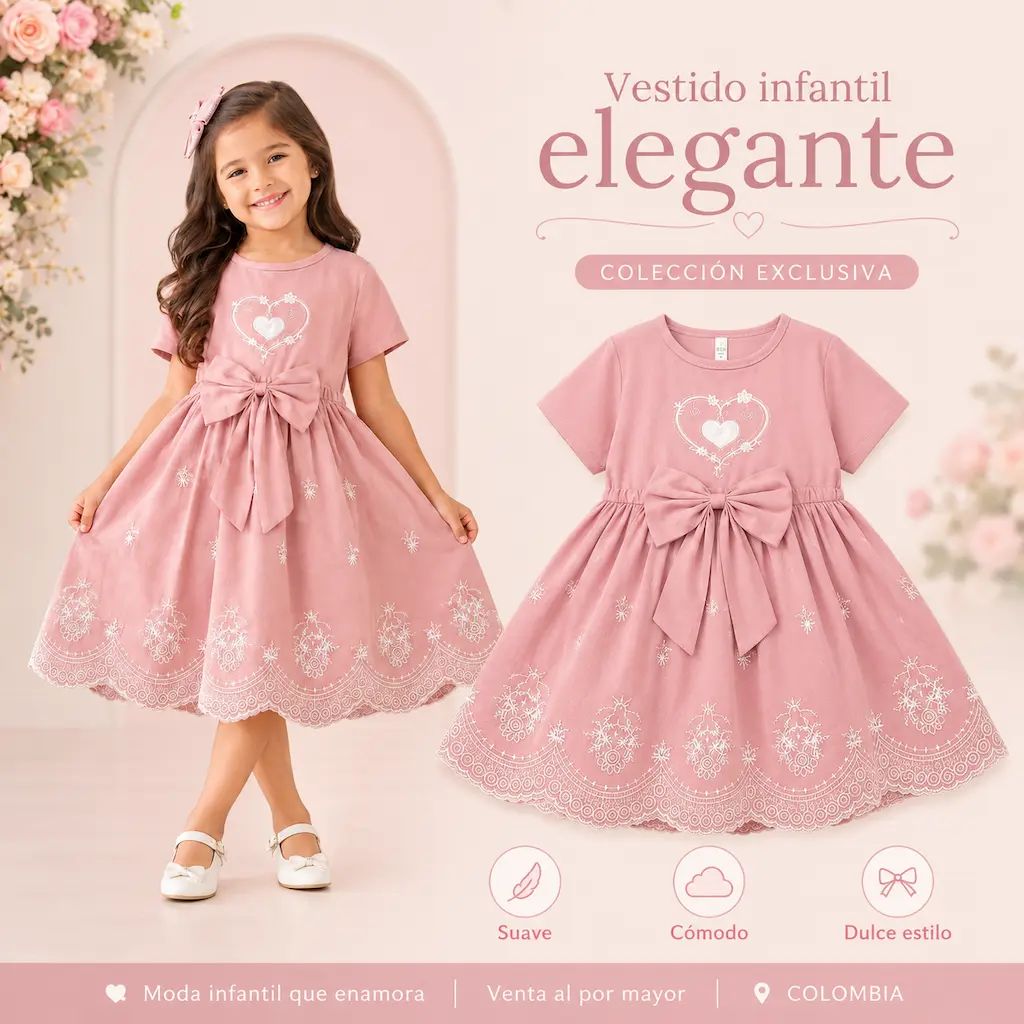 Vestido elegante rosa para niña al por mayor con estilo dulce y cómodo