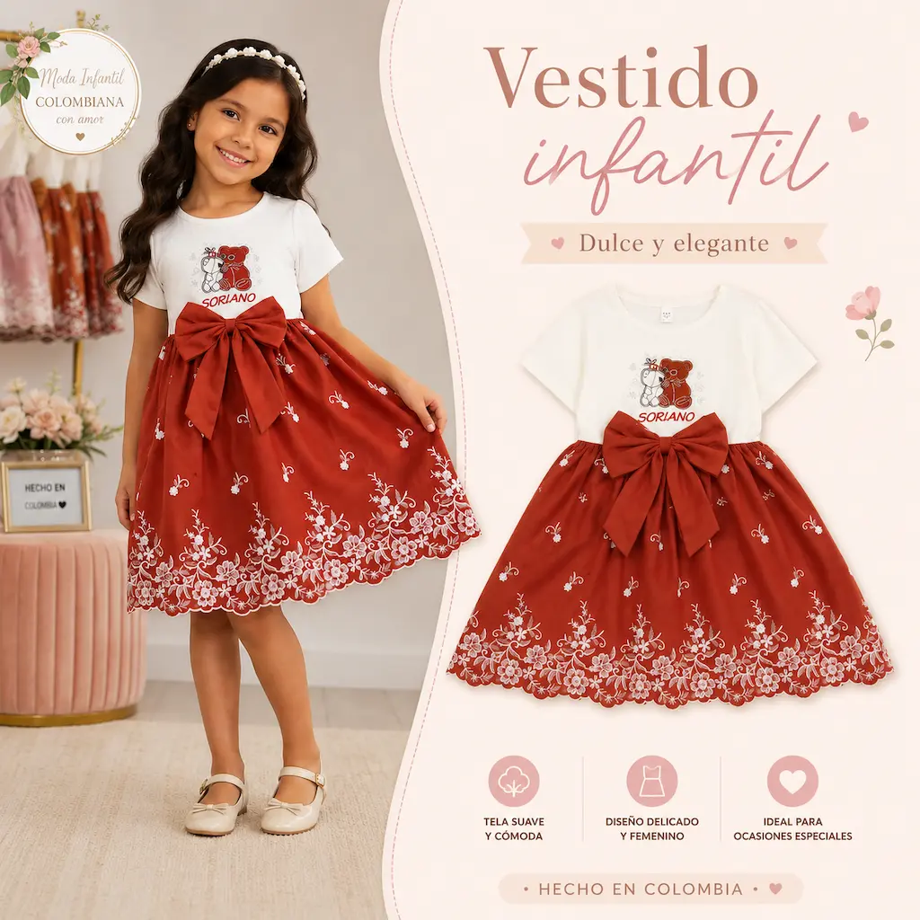 Vestido elegante rojo para niñas con diseño de moda infantil colombiana
