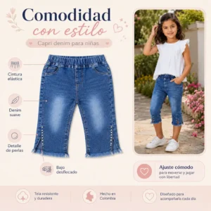 Características de jean capri para niña con cintura elástica, perlas laterales y abertura decorativa