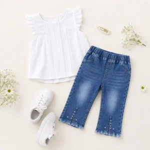 Flat lay de jean capri para niña con perlas laterales, venta mayorista para boutiques en Colombia