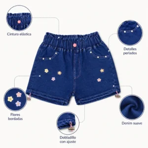 Shorts de mezclilla para niña con bordado floral colorido y estilo dulce