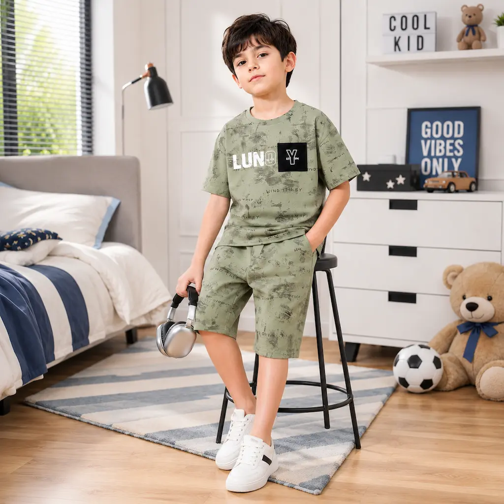 Conjunto infantil de verano para niño en color verde, moda infantil al por mayor en Colombia, niño modelo en ambiente interior.
