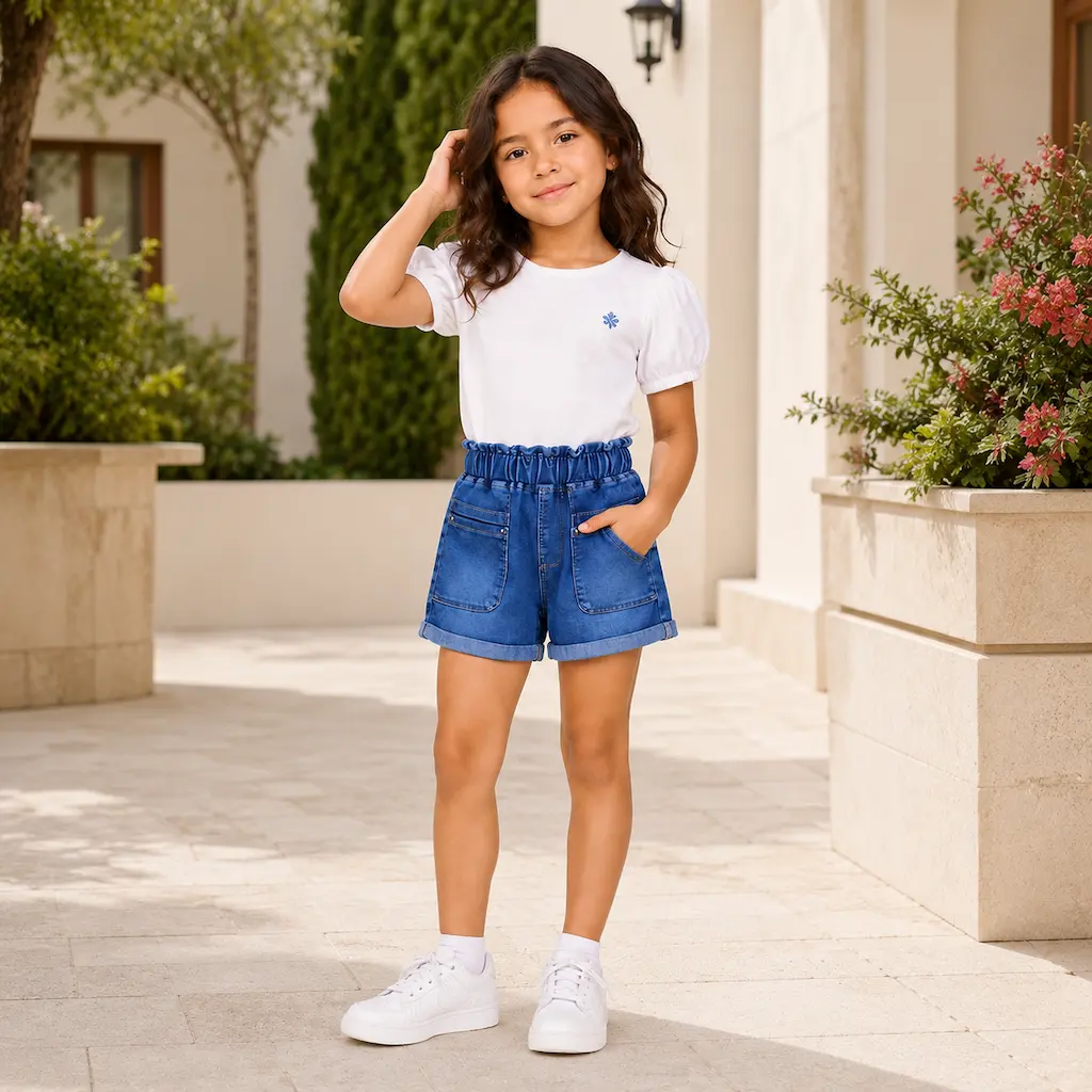 Niña con shorts de jean azul y camiseta blanca en exterior, moda infantil de verano para mayoristas en Colombia