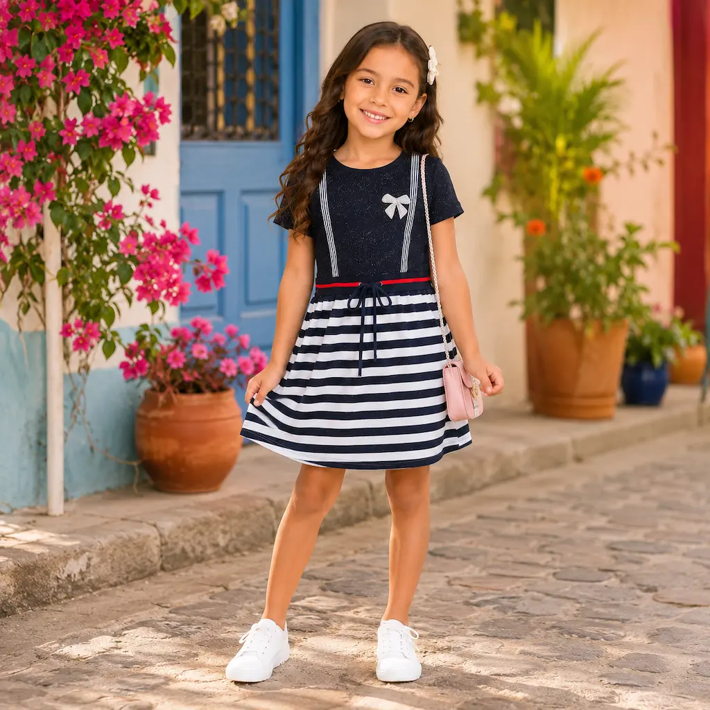 Niña colombiana con vestido infantil azul marino de rayas posando en exteriores con flores.