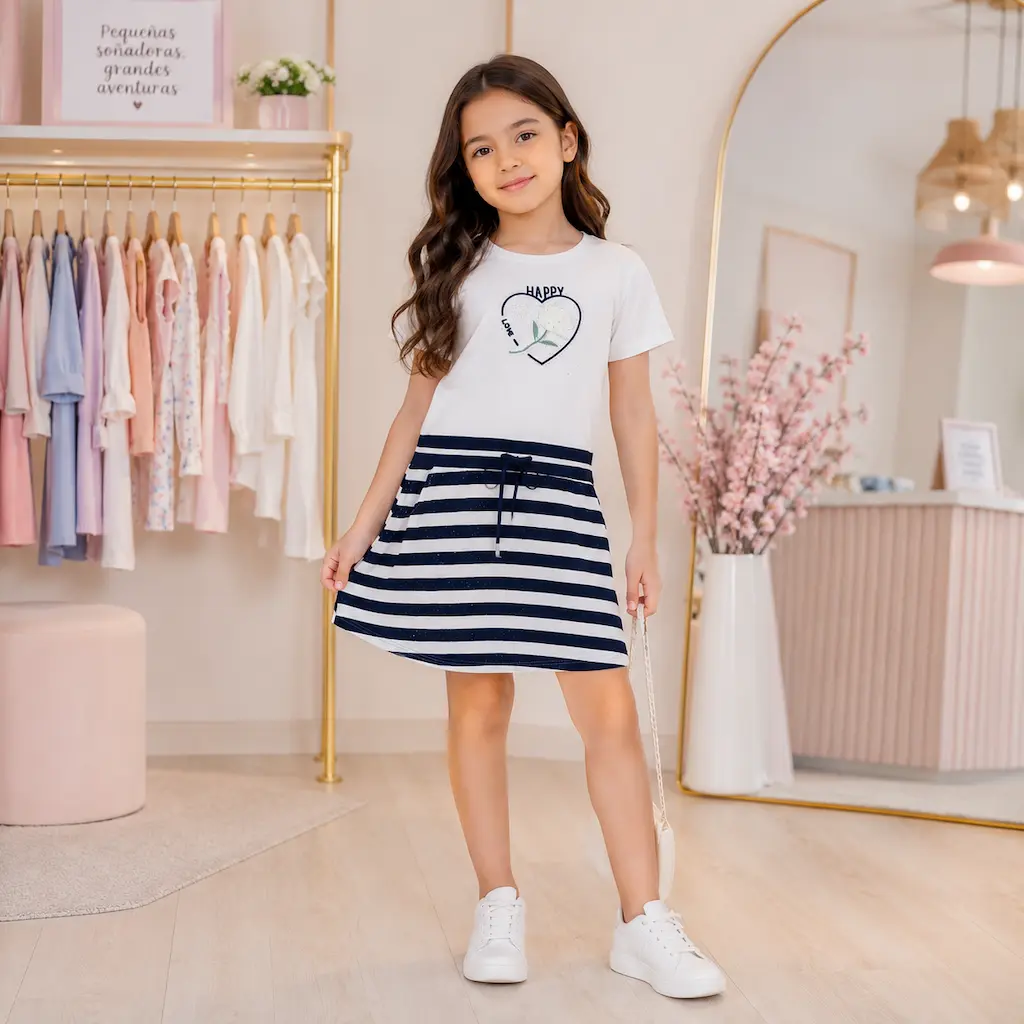 Niña modelando vestido infantil de rayas negras y blancas en un ambiente interior acogedor.