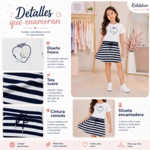 Imagen de detalles de vestido infantil de rayas negras y blancas, mostrando diseño, tela y estilo.