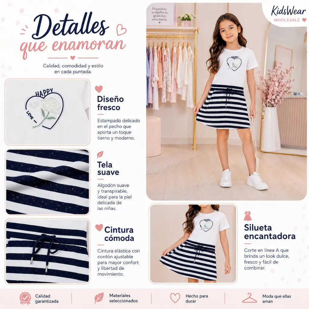 Imagen de detalles de vestido infantil de rayas negras y blancas, mostrando diseño, tela y estilo.