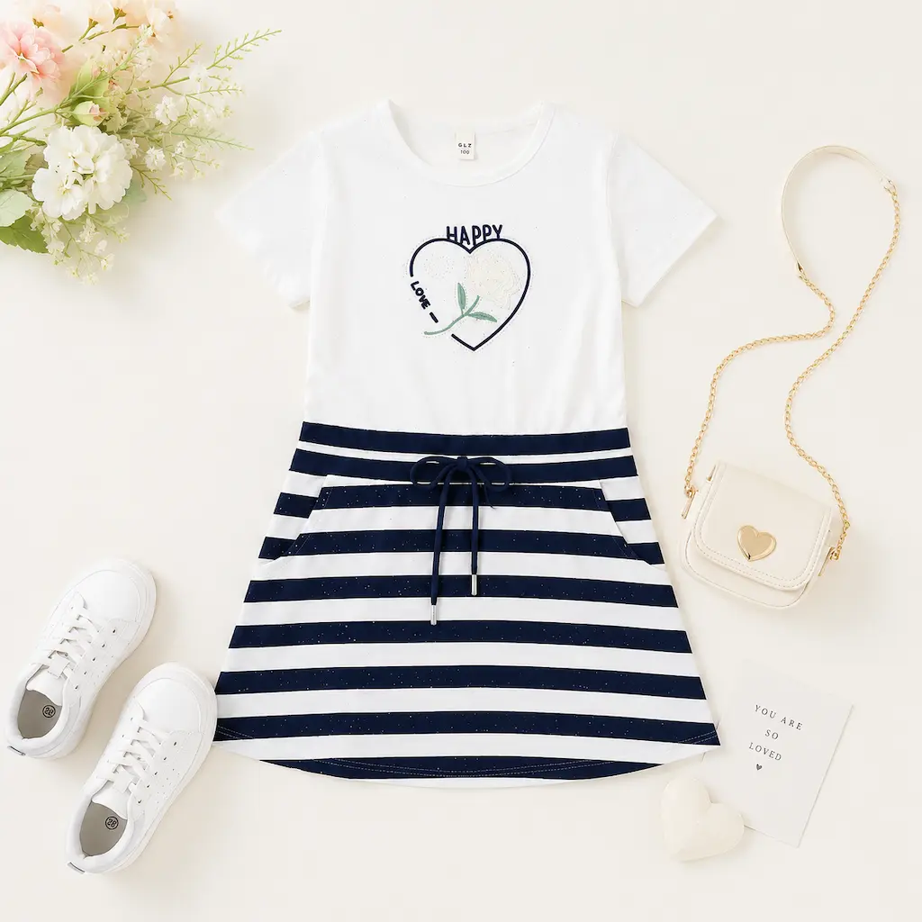 Vestido infantil de rayas negras y blancas presentado en composición flat lay con accesorios