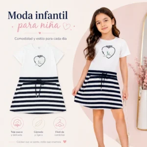 Póster de producto de vestido infantil de rayas negras y blancas con estilo moderno y encantador.