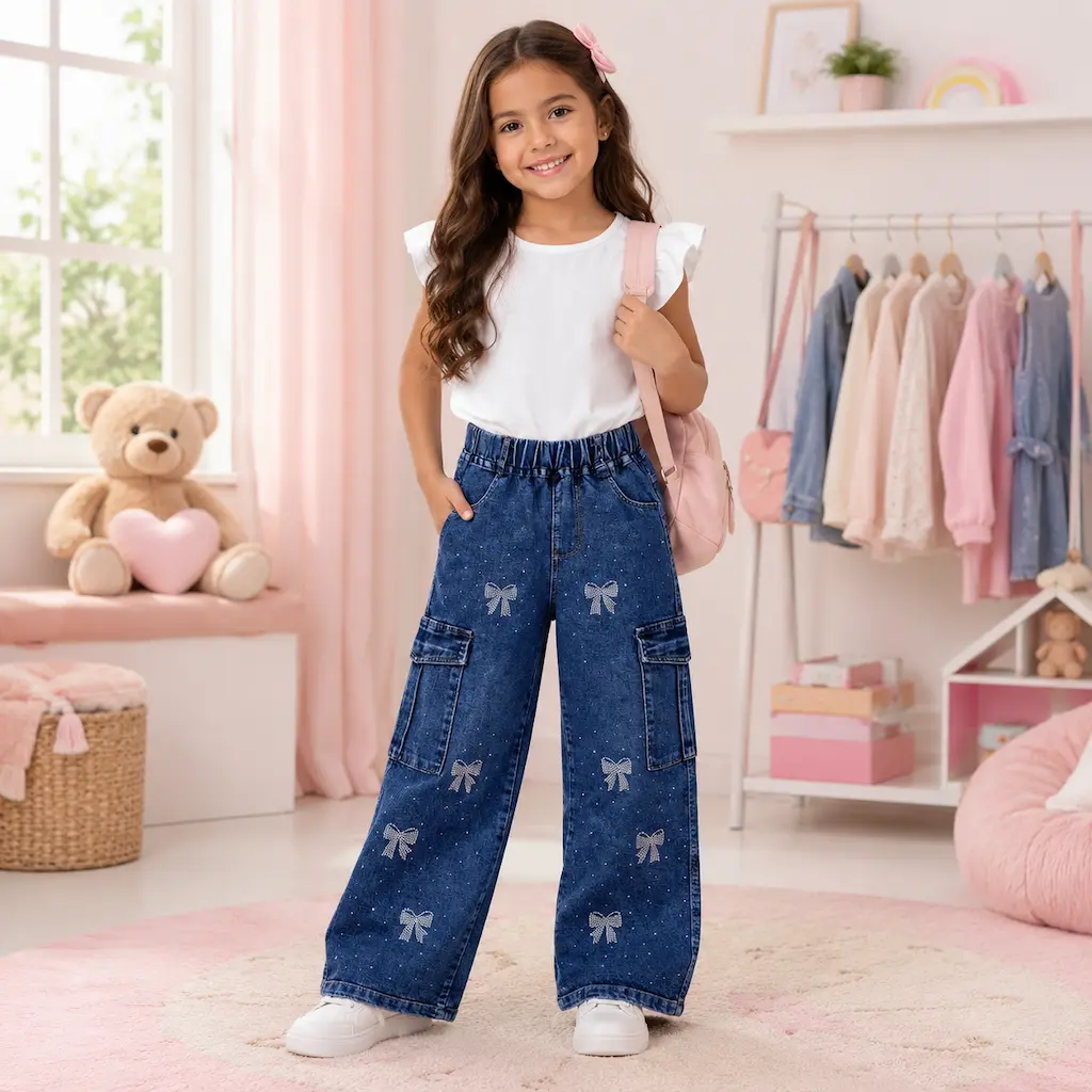 Niña colombiana usando pantalón de mezclilla azul con detalles de lazos y diseño moderno