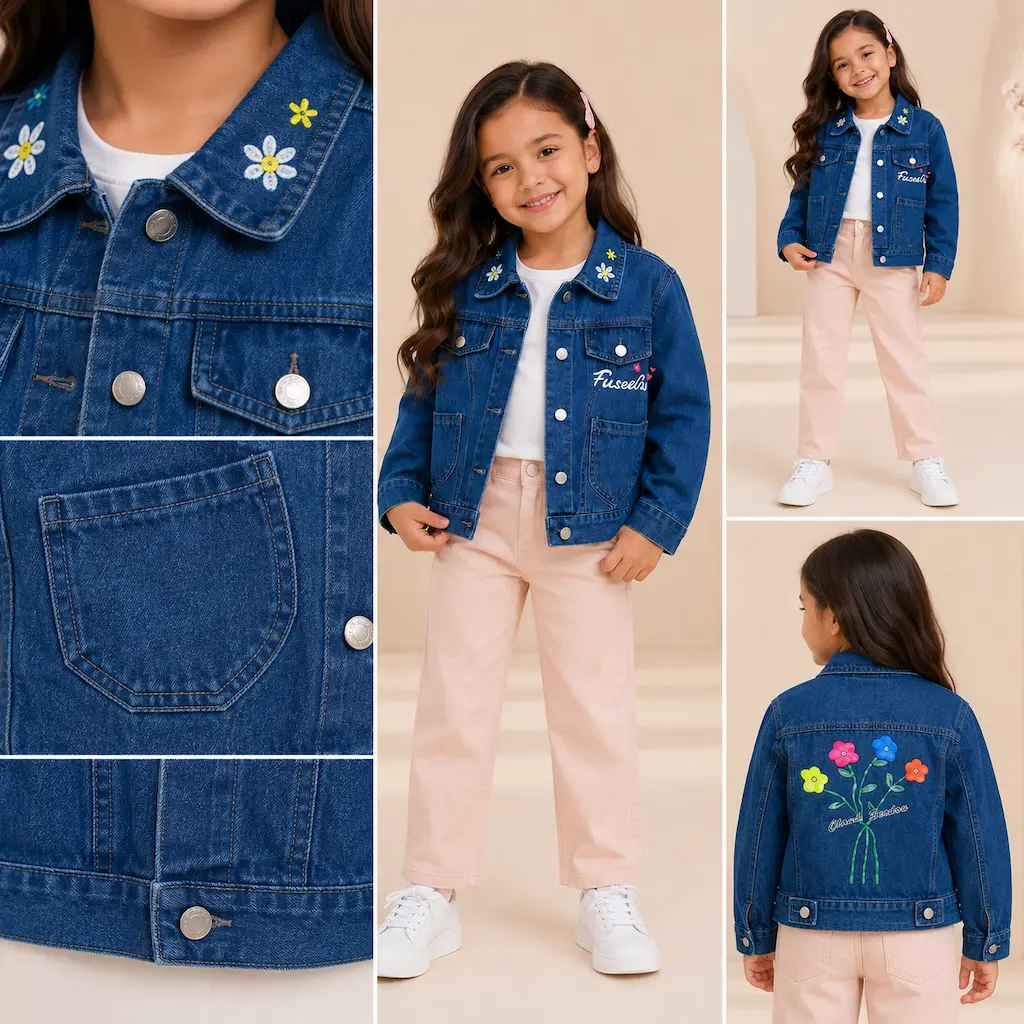 Detail view of girls blue denim jacket showing back bow design, children's fashion wholesale for Colombia