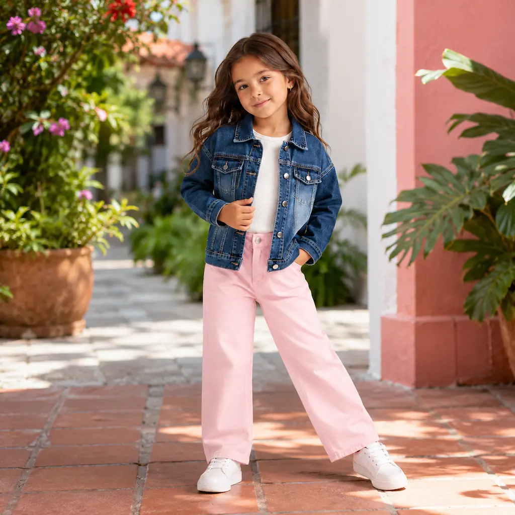 Chaqueta de mezclilla para niña combinada con pantalón largo rosa, look infantil casual para exteriores.
